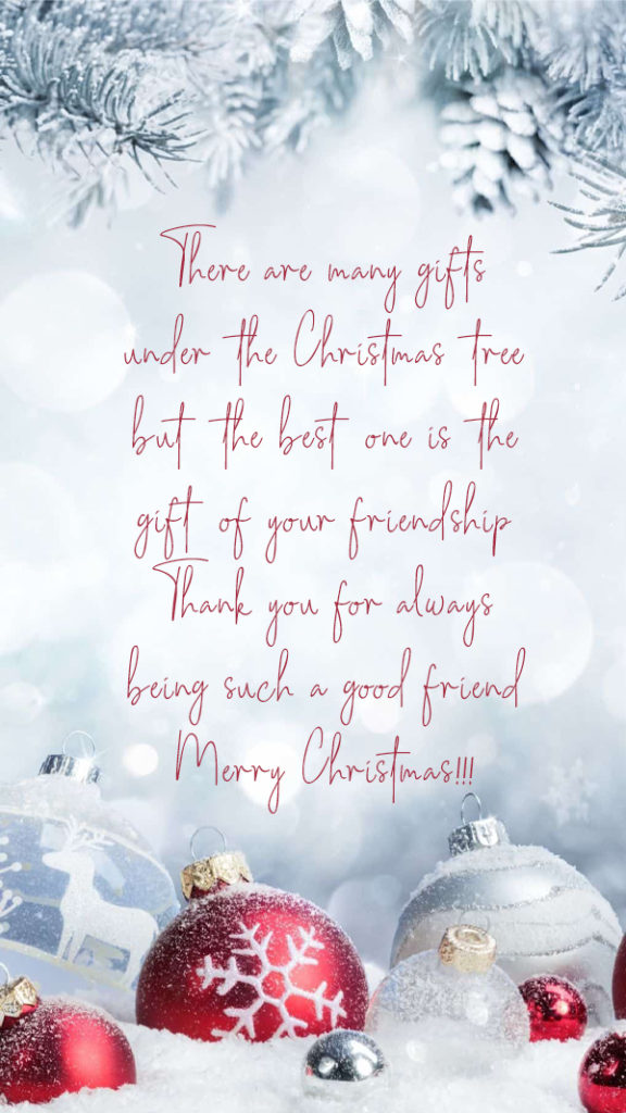 There are many gifts under the Christmas tree, but the best one is the gift of your friendship. Thank you for always being such a good friend. Merry Christmas